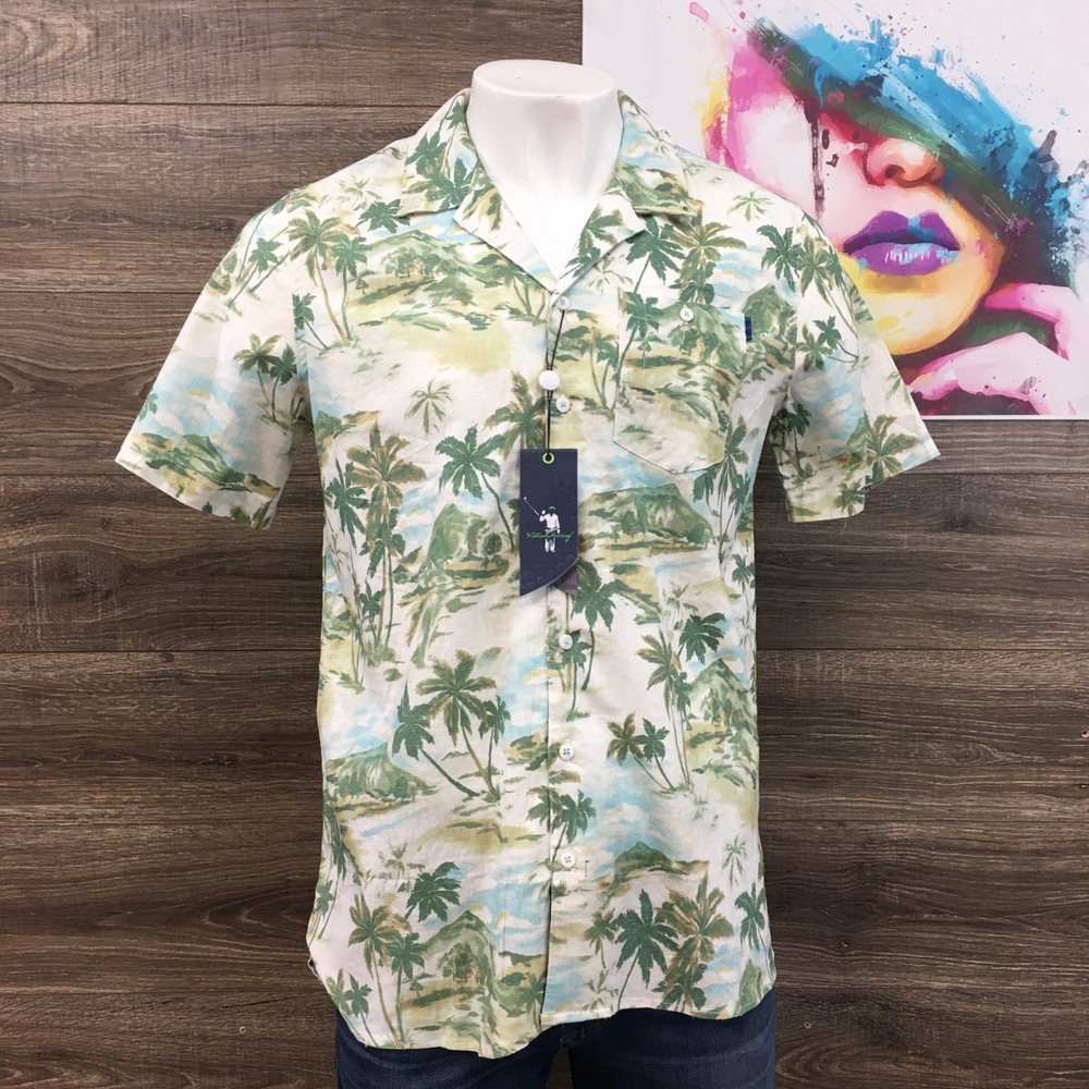 NEW! William Murray Linen Blend Camp Shirt Palm Tree‎ Print Golf Casual Large